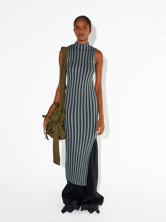 Striped Long Dress, Black, hi-res