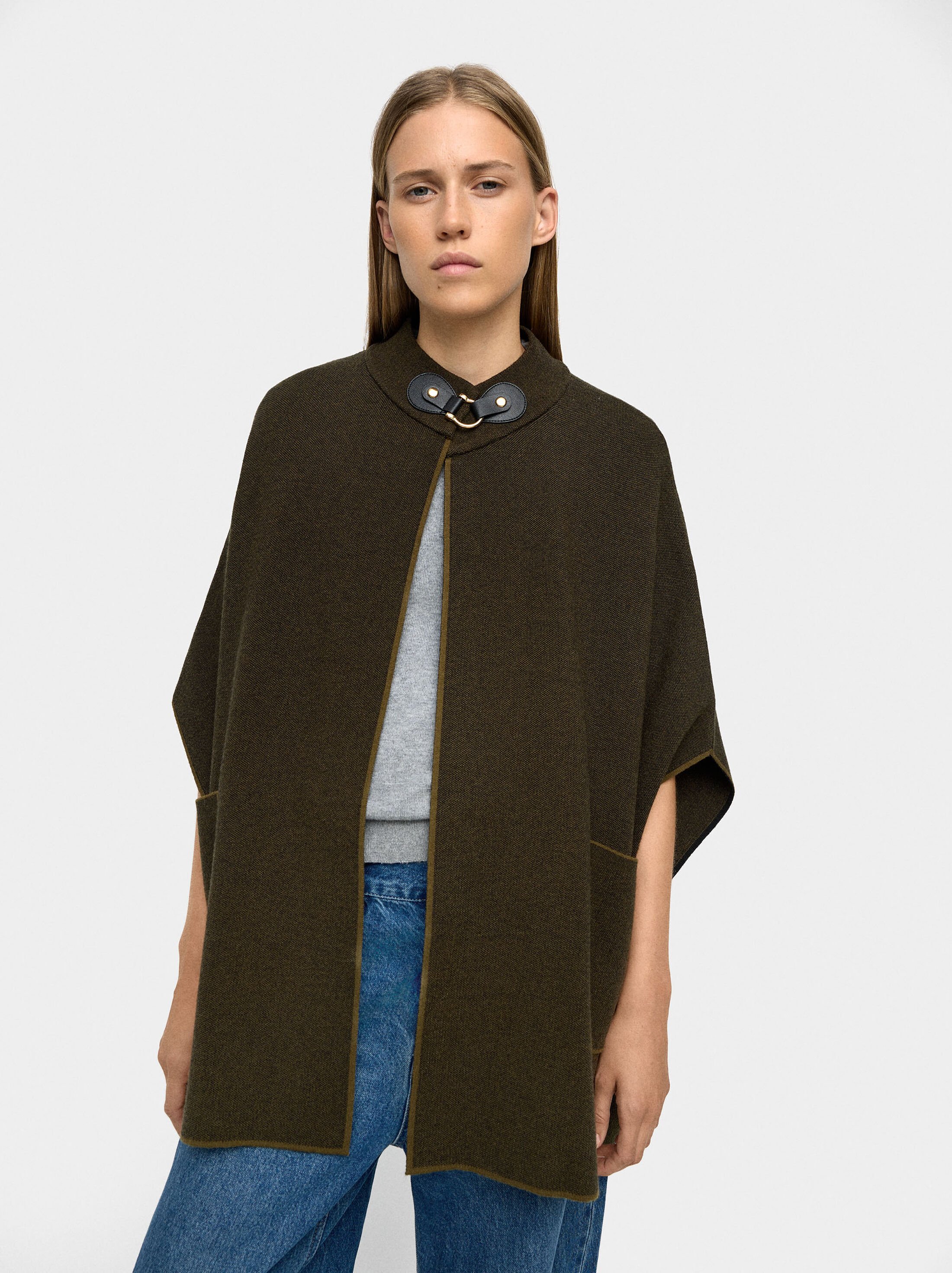Knitted poncho with stitching detail image number 2.0