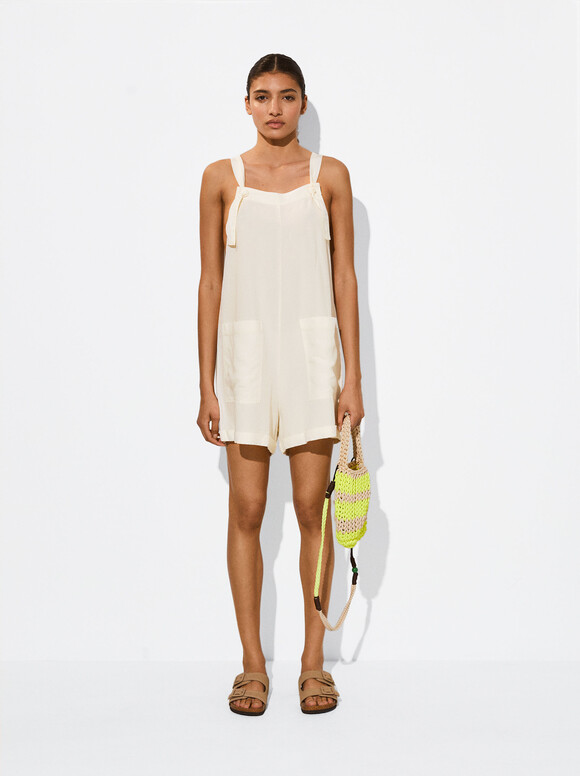 Short Linen Jumpsuit, Ecru, hi-res