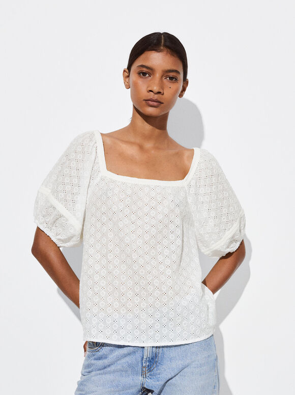 Embroidered Blouse, White, hi-res