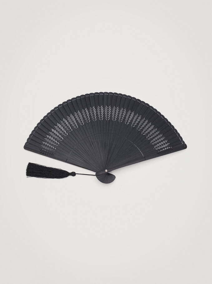Perforated Fan With Tassel, Black, hi-res