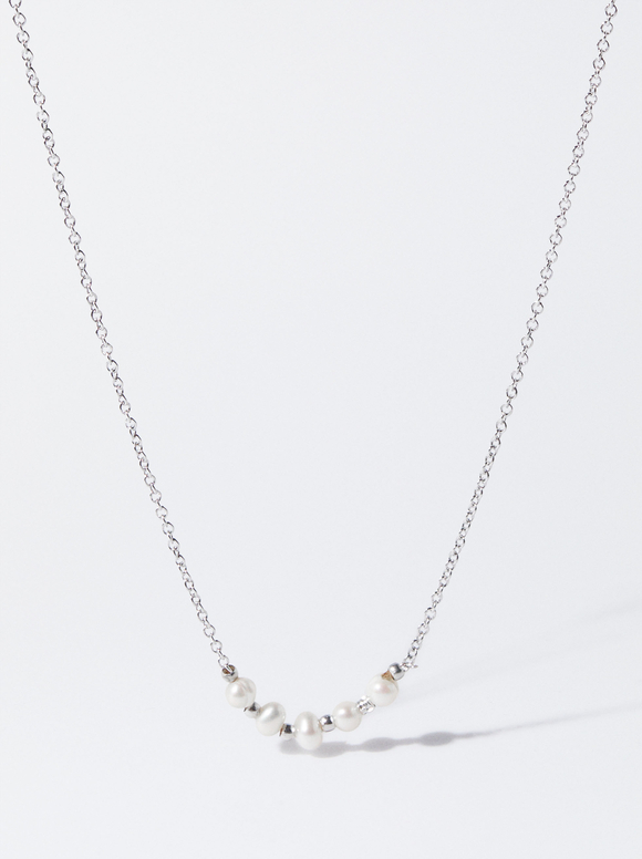 Silver-Plated Necklace With Faux Pearls, Silver, hi-res