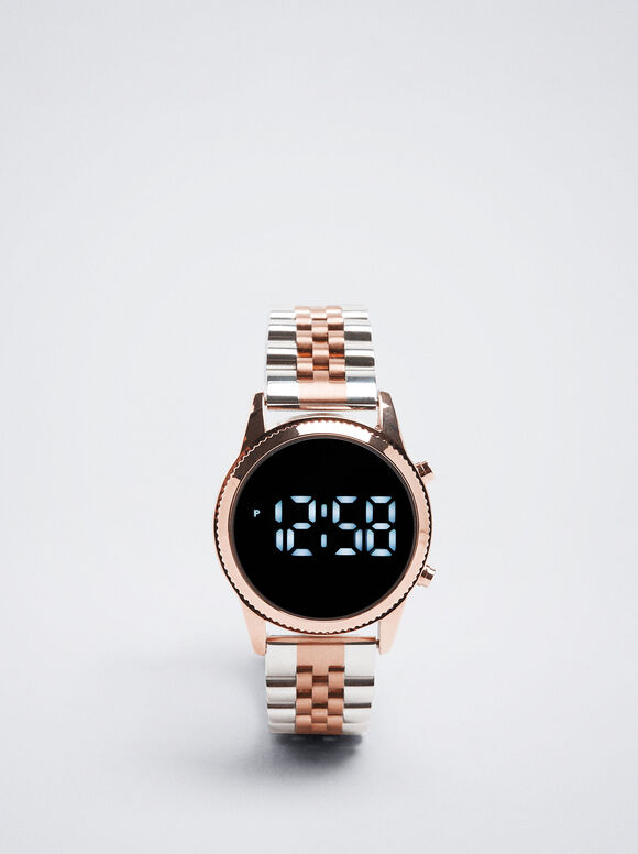 Digital Watch With Steel Wristband, Rose Gold, hi-res
