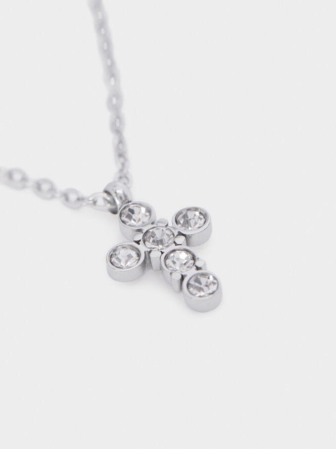 Short Cross Stainless Steel Necklace, Silver, hi-res