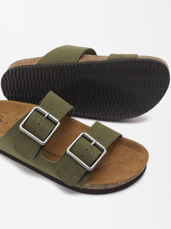 Flat Sandals With Buckle, Khaki, hi-res