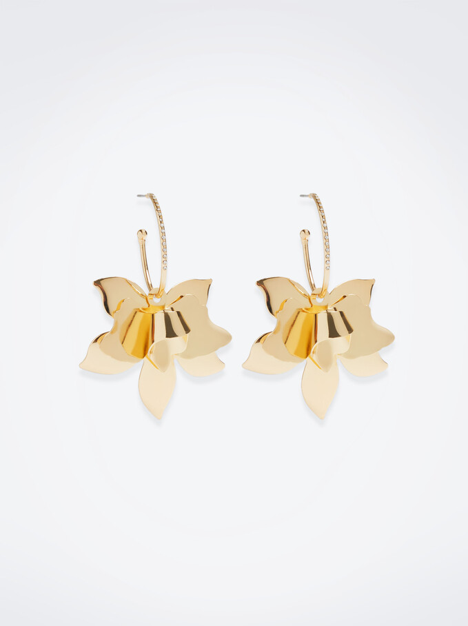 Golden Flower Hoop Earrings, Golden, hi-res