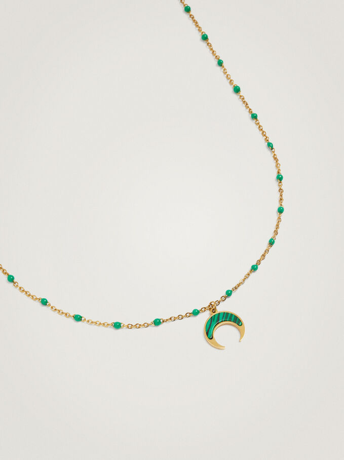 Stainless Steel Necklace With Horn, Green, hi-res