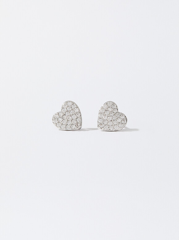 Heart Earrings And Zirconia, Silver, hi-res