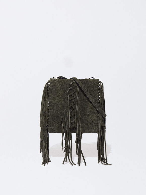 Leather Crossbody Bag With Fringes, Khaki, hi-res