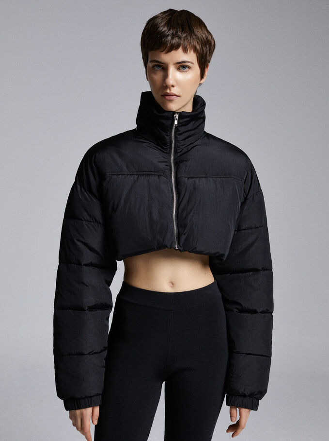 Cropped Quilted Coat, Black, hi-res