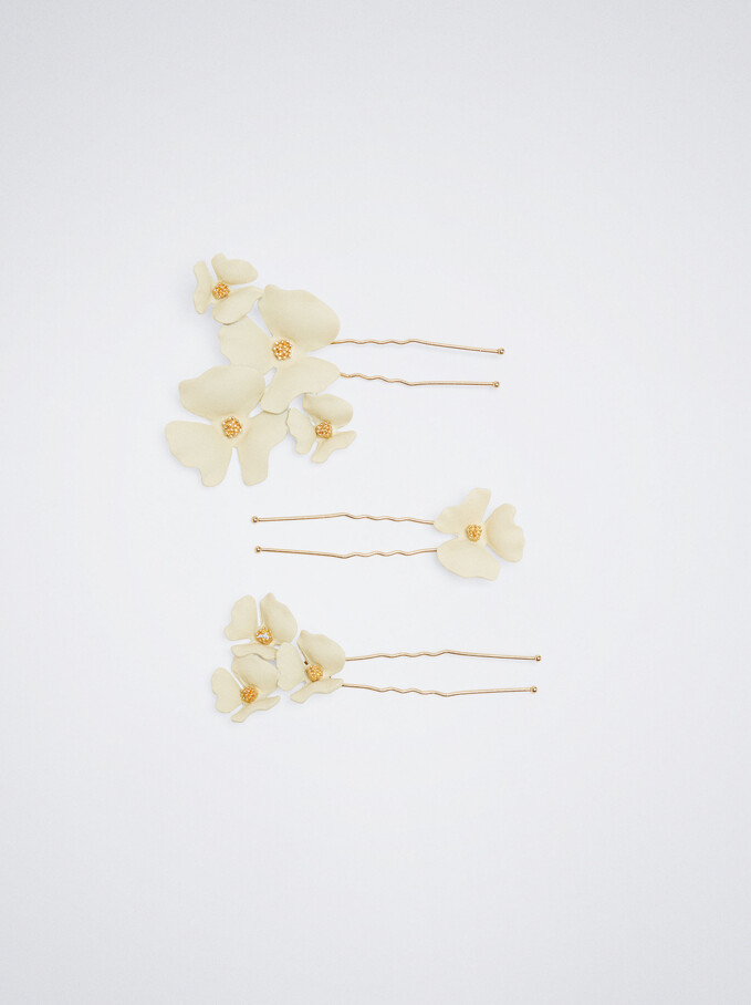 Set Of Hair Combs With Flowers, Ecru, hi-res