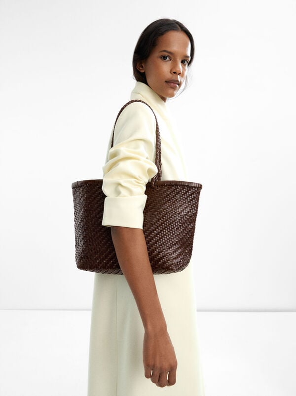 Woven leather shopper bag