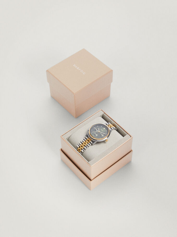 Relógio Com Bracelete De Aço Bicolor, Preto, hi-res