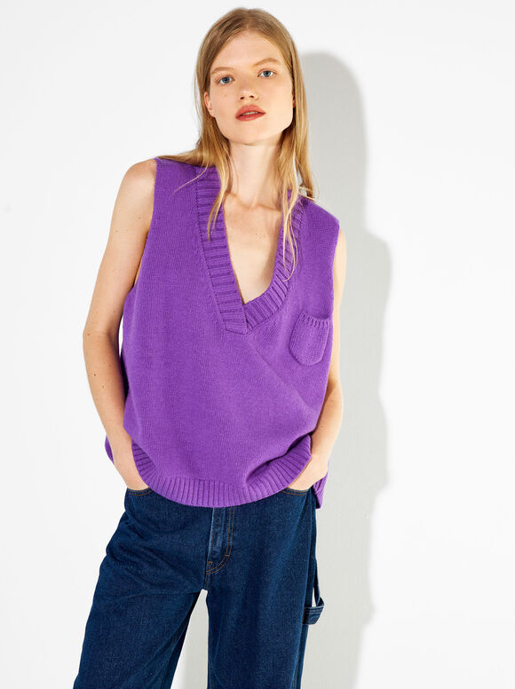 Knitted V-Neck Vest, Purple, hi-res