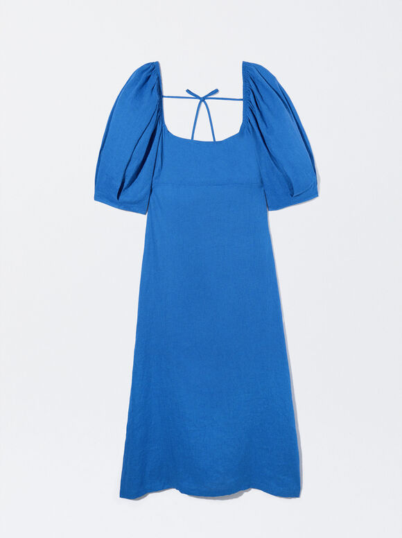 Vestido Lino Manga Abullonada, Azul, hi-res