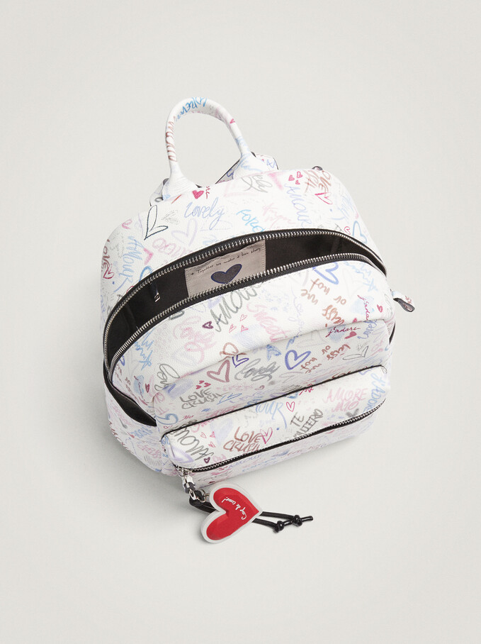 Printed Backpack With Heart Pendant, White, hi-res