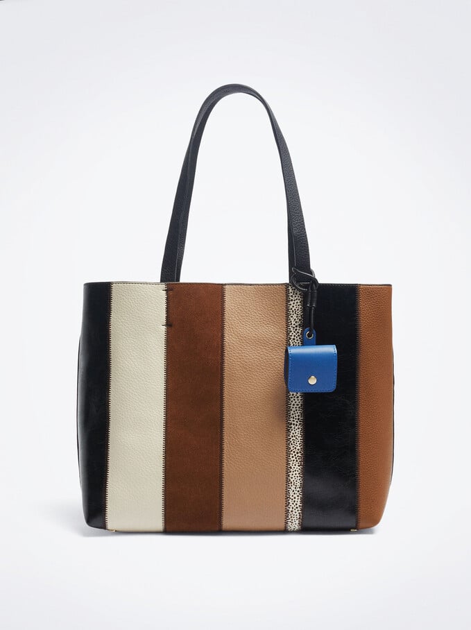 Patchwork Shopper Bag With Pendant, Black, hi-res