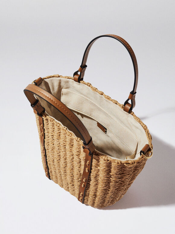 Słomiana Torba Shopper Z Odpinana Przywieszka, Bezowy, hi-res