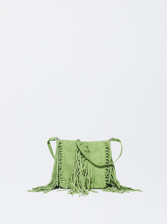 Leather Crossbody Bag With Fringes, Green, hi-res