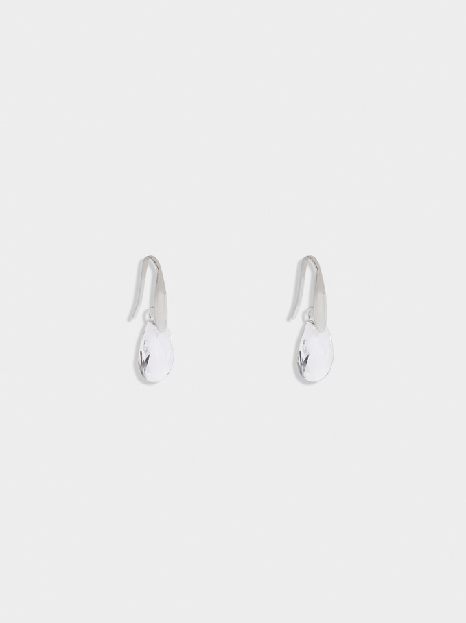 Short Stainless Steel Earrings With Crystals, Silver, hi-res