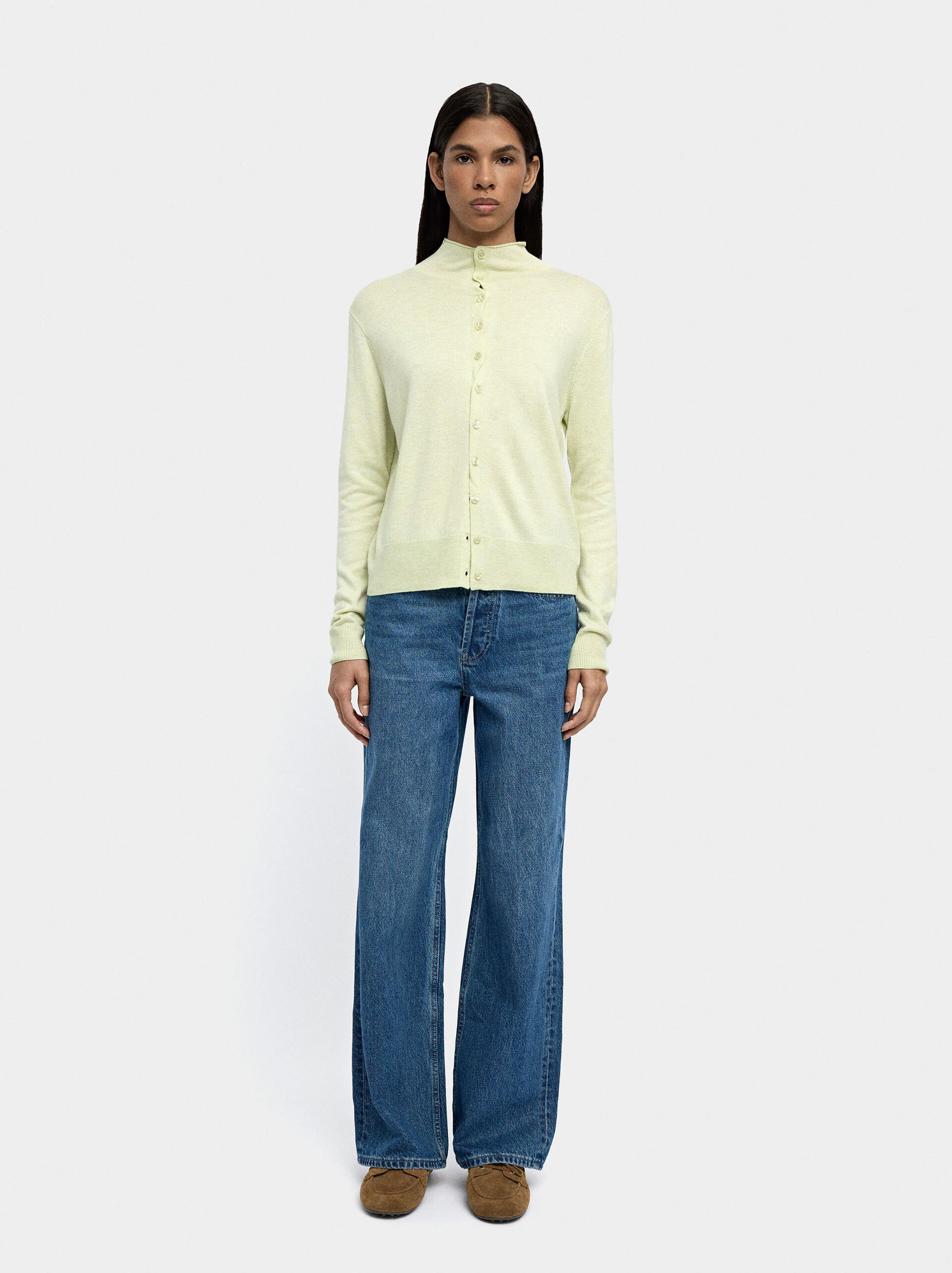 Knit mesh cardigan with high neck image number 1.0
