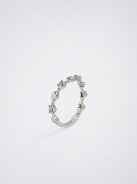 Ring With Hearts And Zirconia, Silver, hi-res