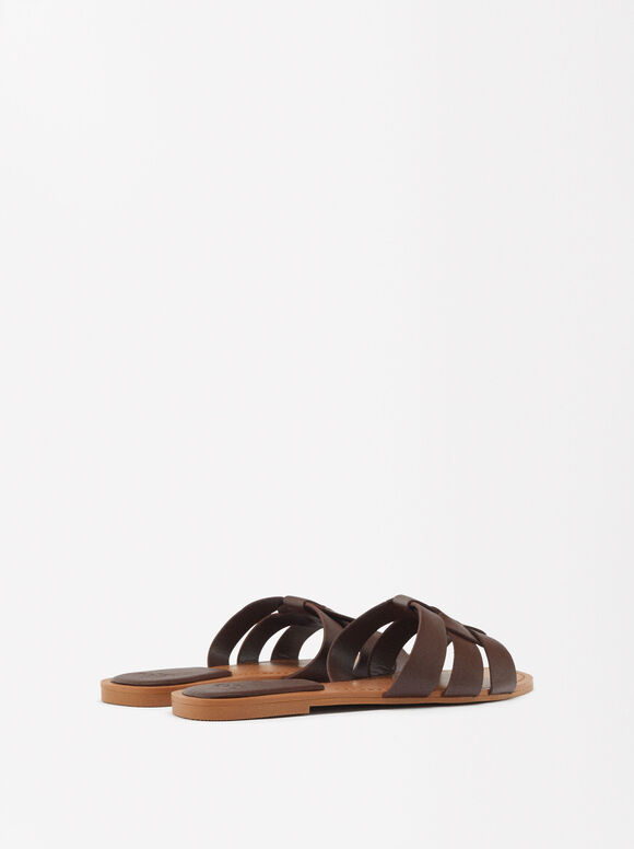 Leather Flat Sandals, Brown, hi-res