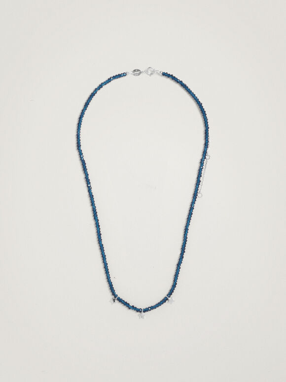 Short 925 Silver Necklace With Beads And Stars, Navy, hi-res