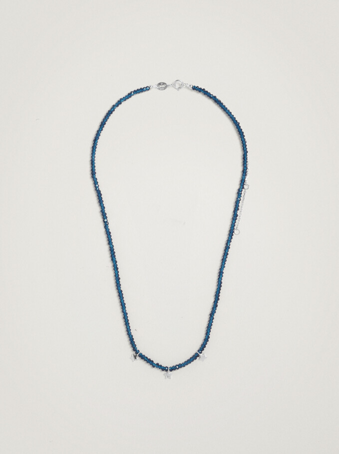 Short 925 Silver Necklace With Beads And Stars, Navy, hi-res
