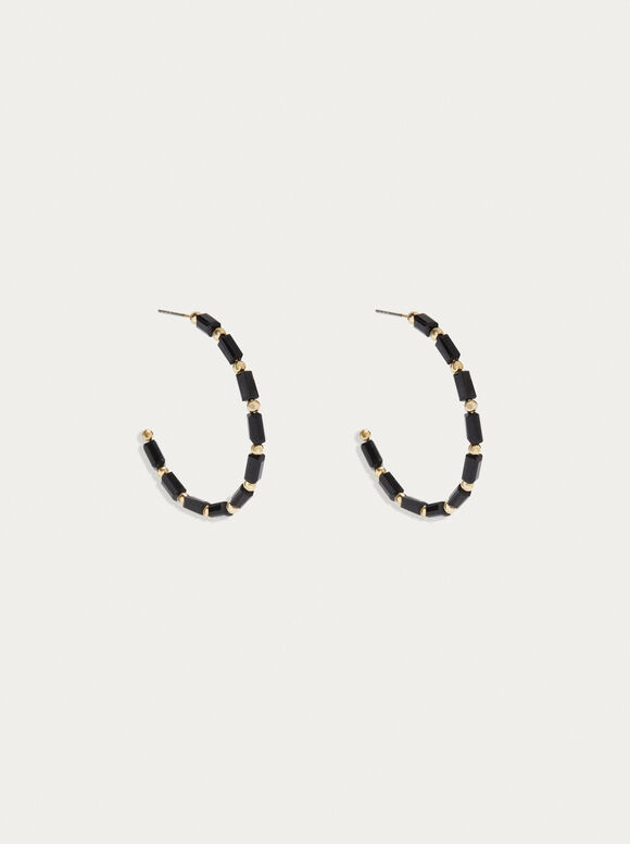 Golden Resin Hoop Earrings, Black, hi-res
