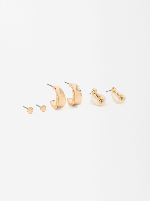 Golden Earrings Set, White, hi-res