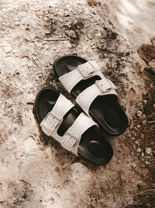 Flat Sandals With Buckles And Studs, White, hi-res