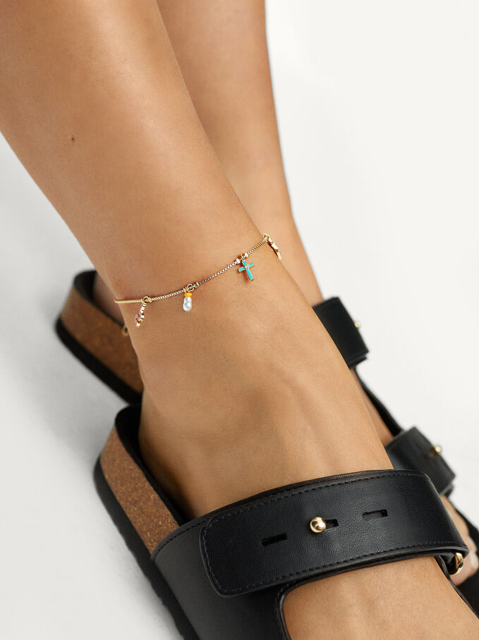 Anklet Bracelet With Charms And Zirconia, Multicolor, hi-res