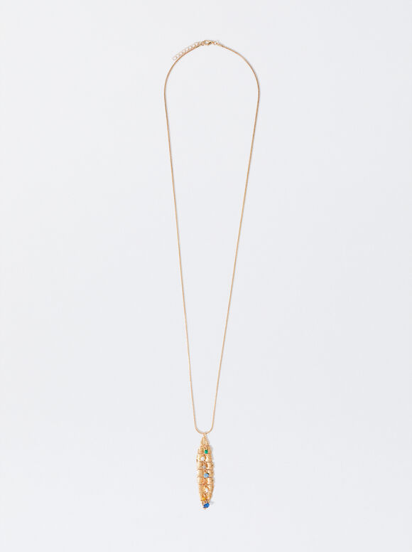 Golden Necklace With Leaf Pendant, Multicolor, hi-res