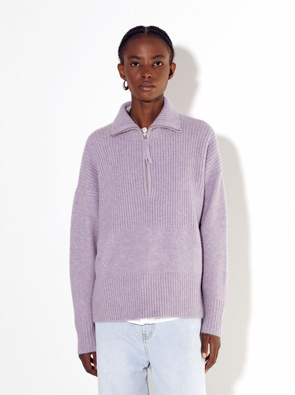 Knit Sweater With High Collar, Violet, hi-res