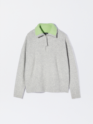 Knit Sweater With High Collar, Grey, hi-res
