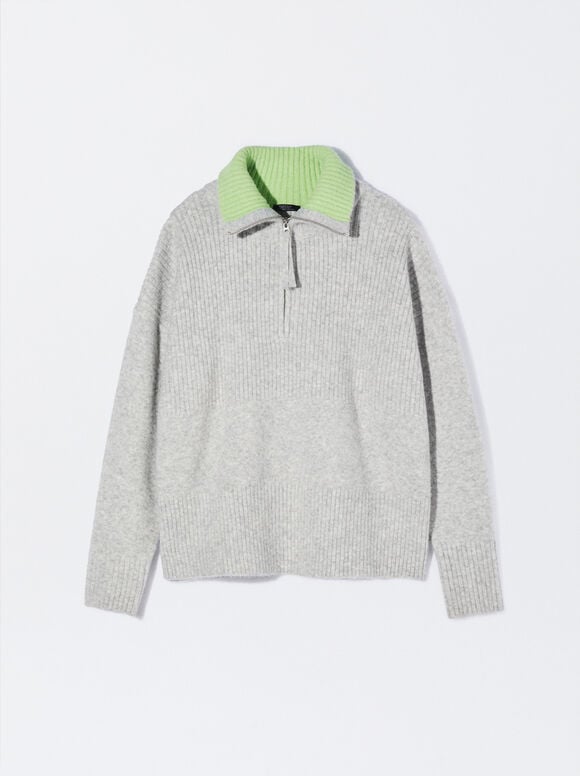 Knit Sweater With High Collar, Grey, hi-res