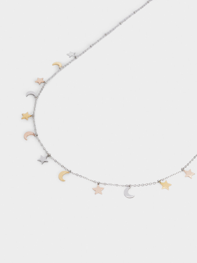 Steel Necklace With Moon And Star, Multicolor, hi-res