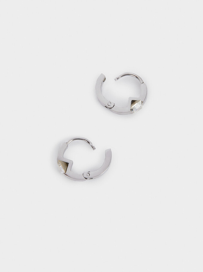 Set Of Stainless Steel Hoop Earrings With Swarovski Crystals, Silver, hi-res