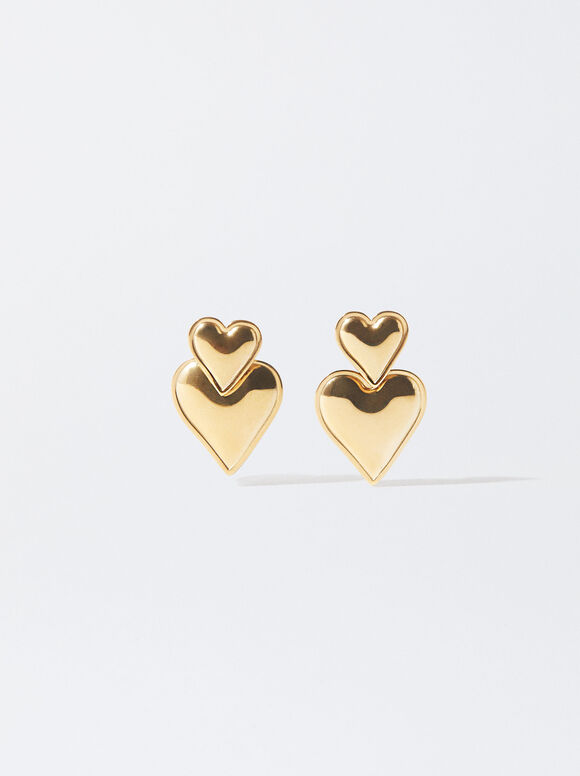 Stainless Steel Earrings With Heart, Golden, hi-res