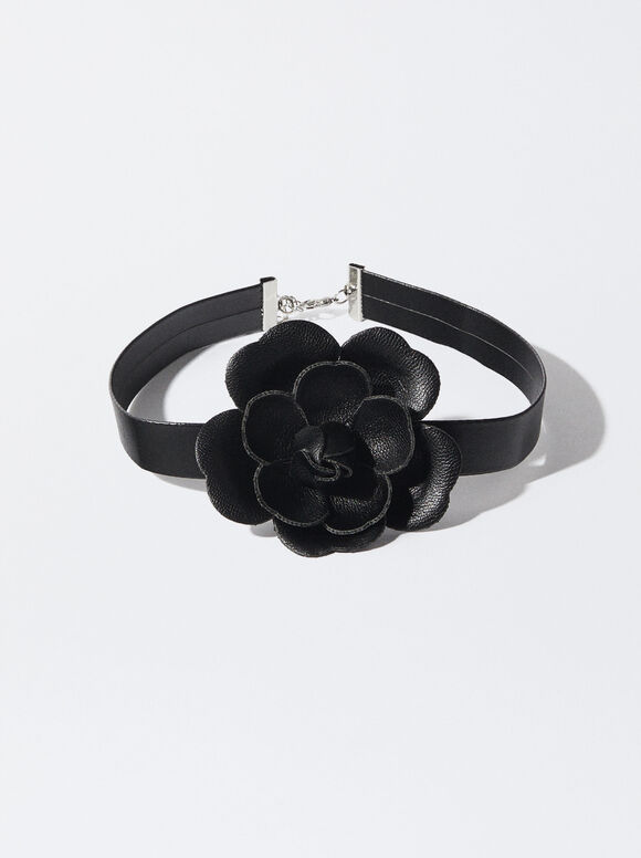 Flower Choker Necklace, Black, hi-res