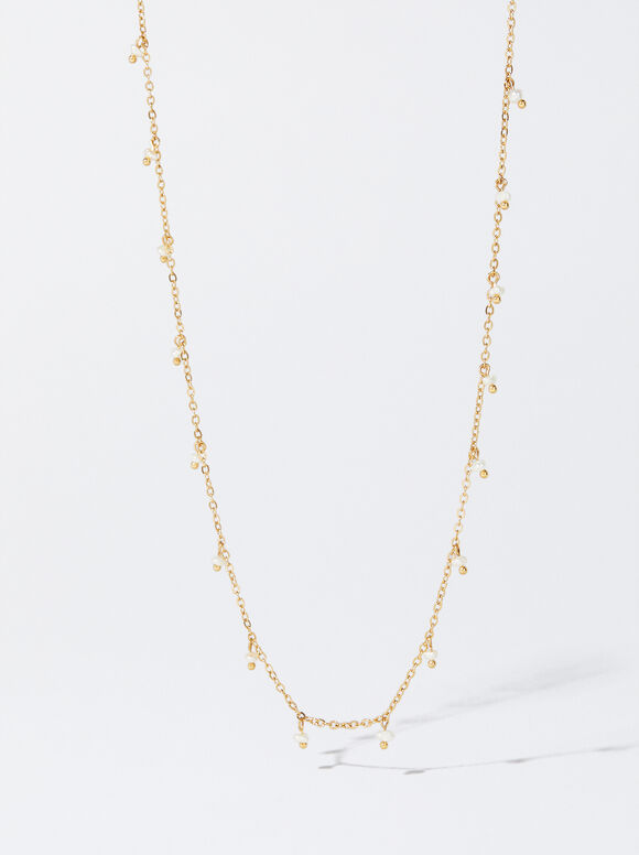 Stainless Steel Necklace With Pearls, Golden, hi-res