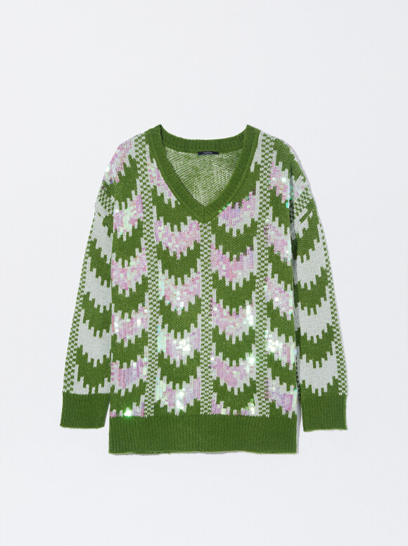 Jacquard Sweater With Appliqués, Green, hi-res