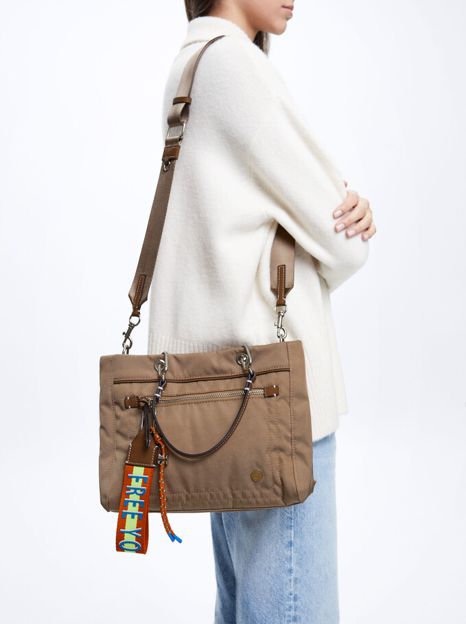 Sac Shopper En Nylon Avec Pendentif, Marron Clair, hi-res