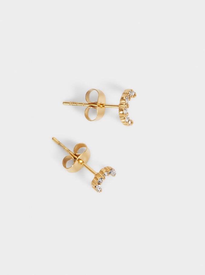 Set Of Short Steel Earrings With Moon, Golden, hi-res