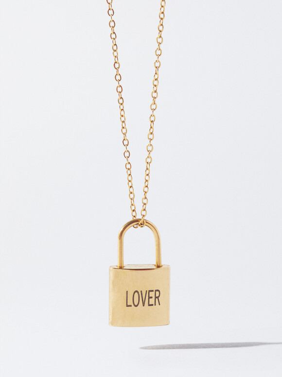 Personalisable Golden Steel Lock Necklace - Gold - Woman