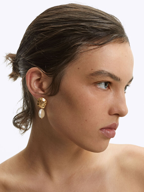 Earrings With Freshwater Pearl, Golden, hi-res