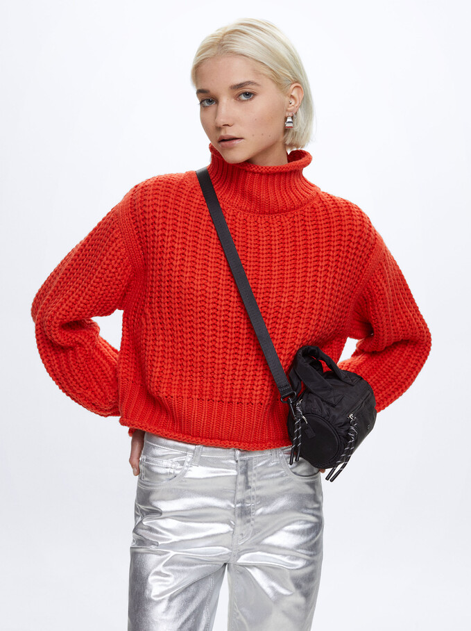 High-Neck Knit Sweater, Orange, hi-res