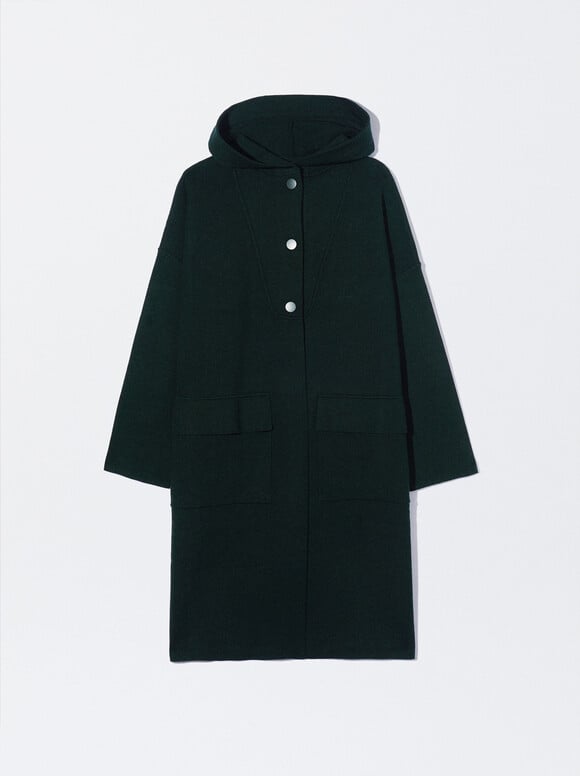 Long Knitted Coat With Hood, Green, hi-res
