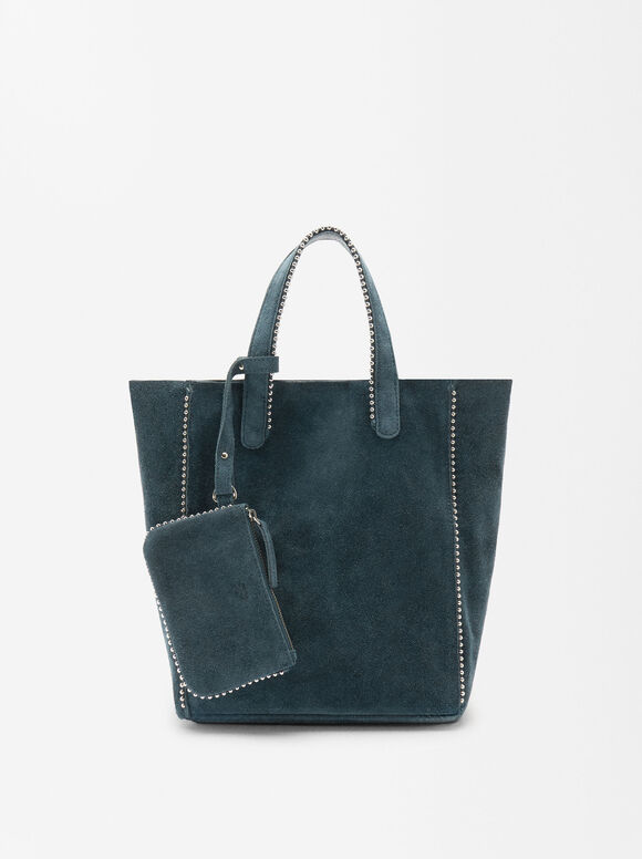 Leather Tote Bag With Pendant, Blue, hi-res